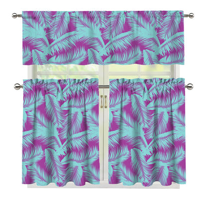Purple And Teal Tropical Leaf Print 3 Piece Kitchen Curtains