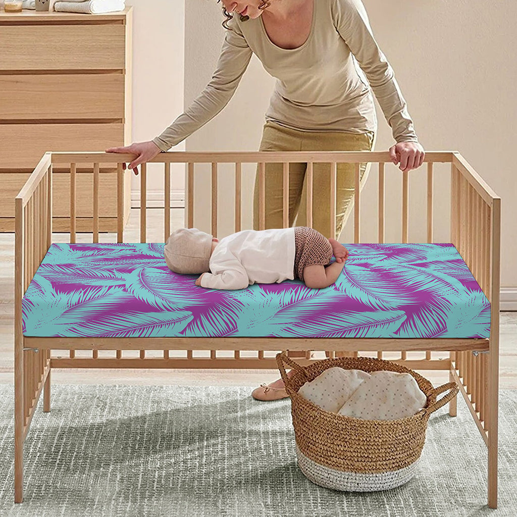 Purple And Teal Tropical Leaf Print Baby Crib Sheet