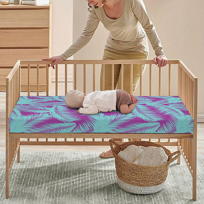 Purple And Teal Tropical Leaf Print Baby Crib Sheet