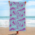 Purple And Teal Tropical Leaf Print Beach Towel