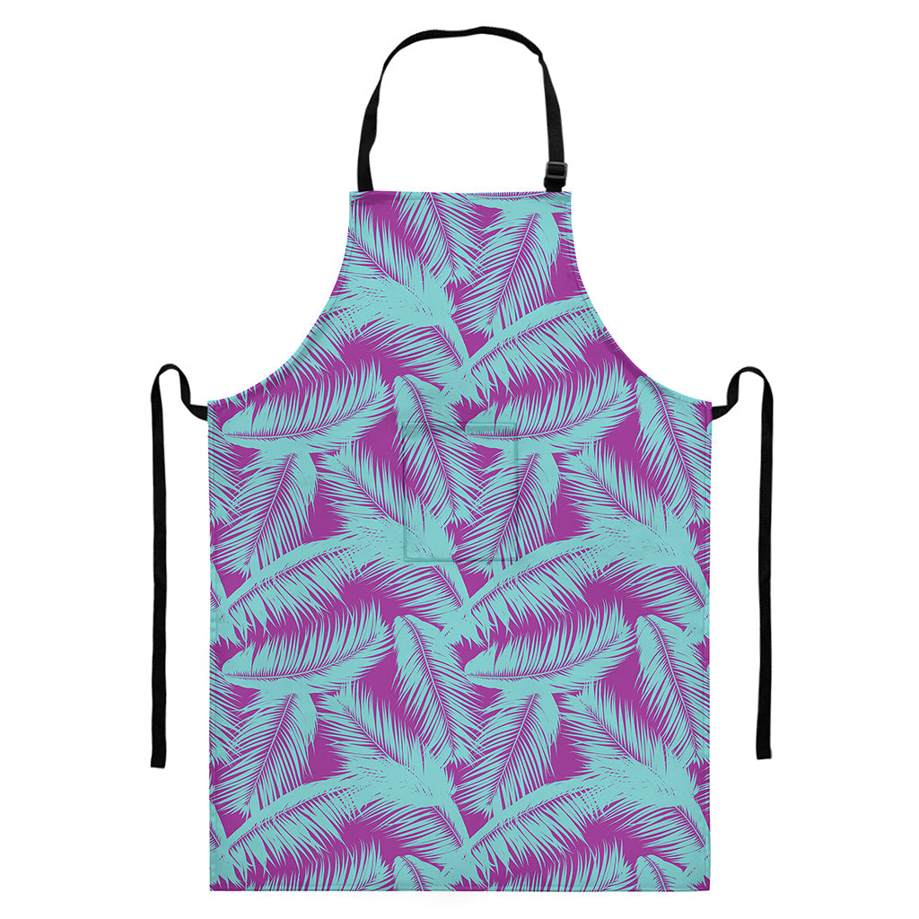 Purple And Teal Tropical Leaf Print Bib Apron With Pocket