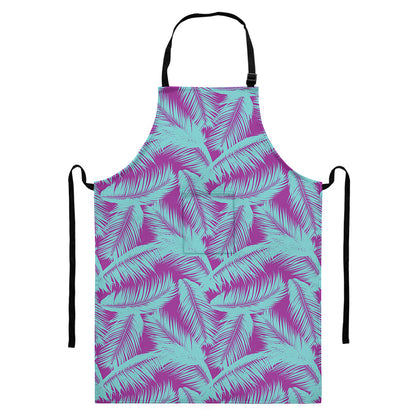 Purple And Teal Tropical Leaf Print Bib Apron With Pocket