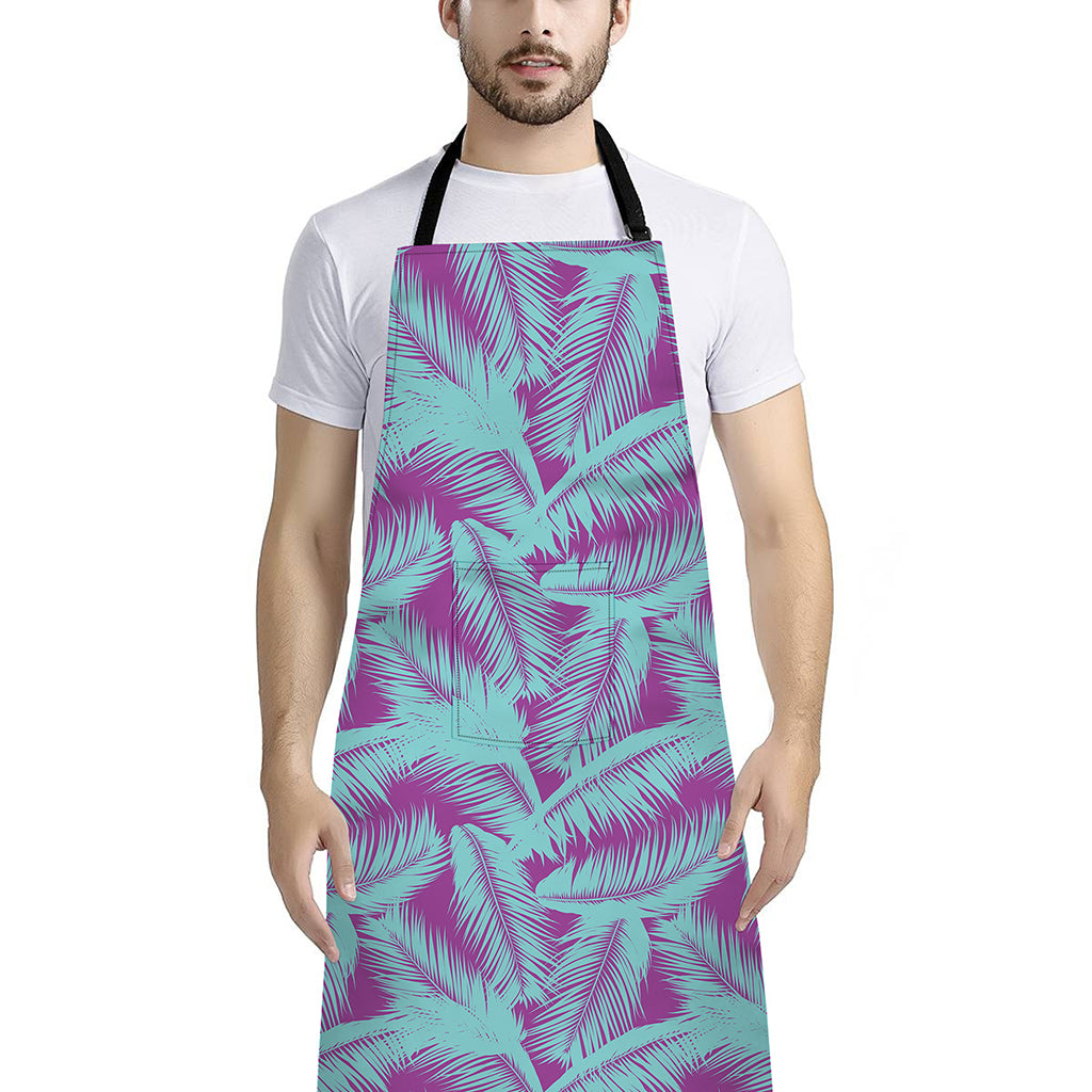 Purple And Teal Tropical Leaf Print Bib Apron With Pocket