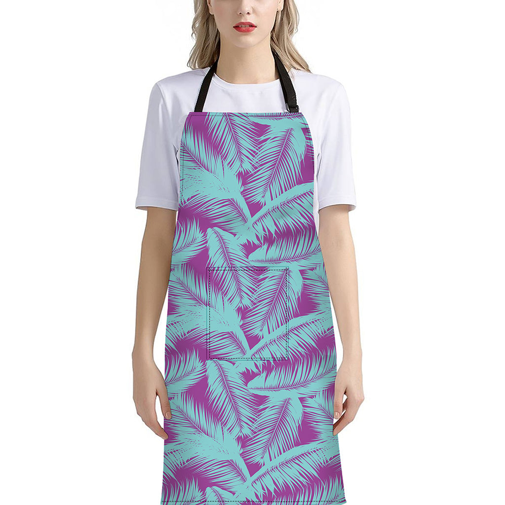 Purple And Teal Tropical Leaf Print Bib Apron With Pocket