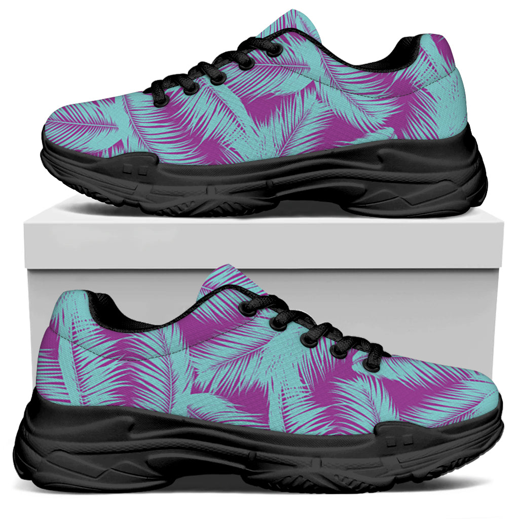 Purple And Teal Tropical Leaf Print Black Chunky Shoes