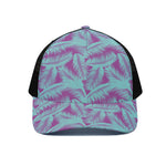 Purple And Teal Tropical Leaf Print Black Mesh Trucker Cap