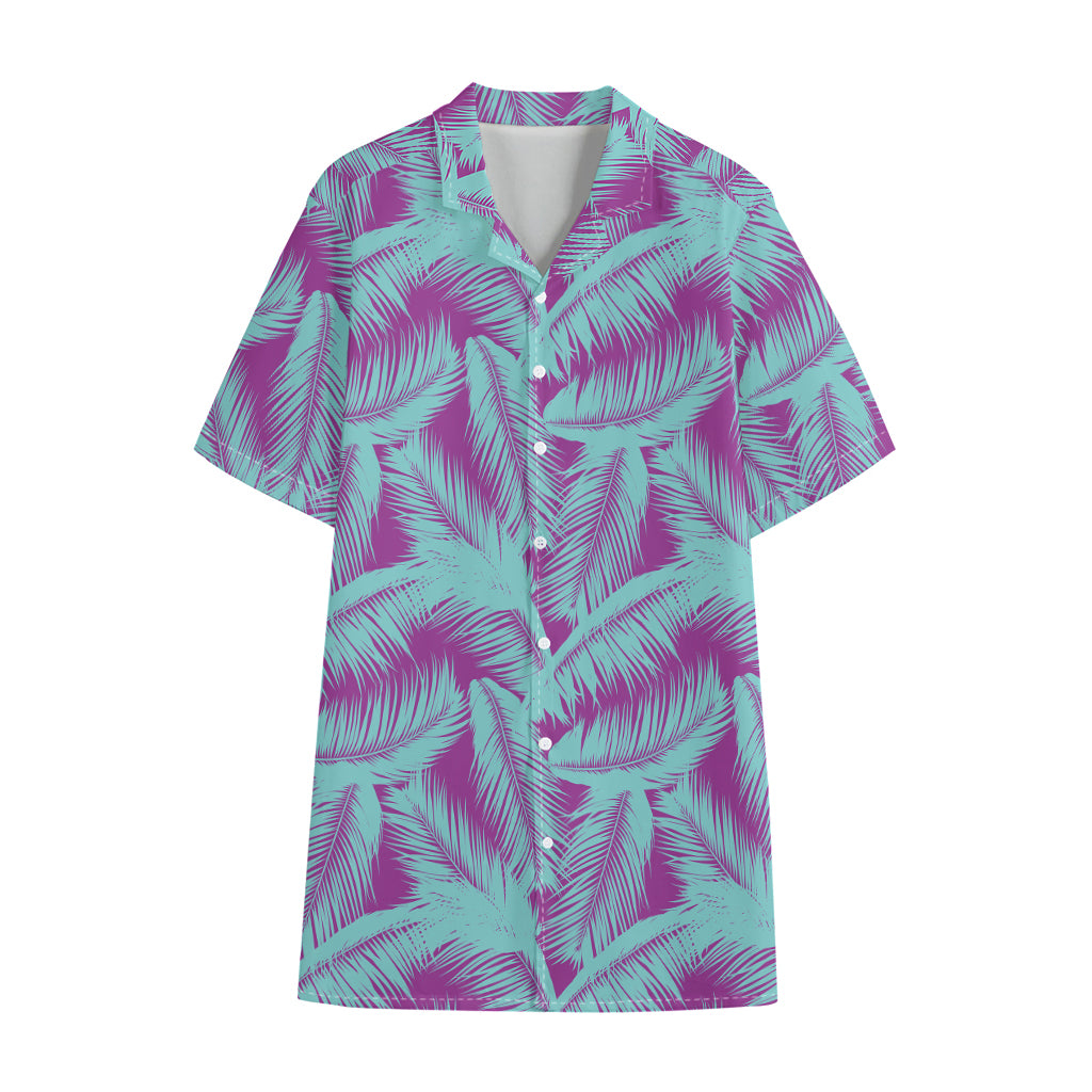 Purple And Teal Tropical Leaf Print Cotton Hawaiian Shirt