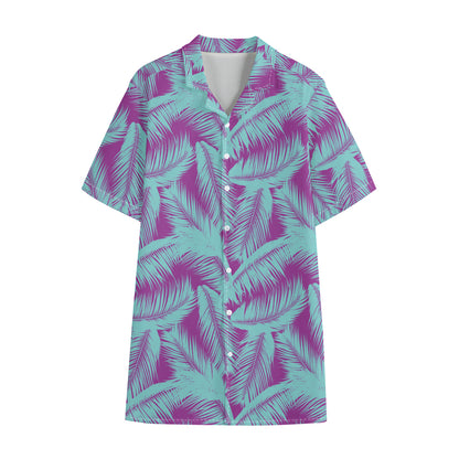Purple And Teal Tropical Leaf Print Cotton Hawaiian Shirt