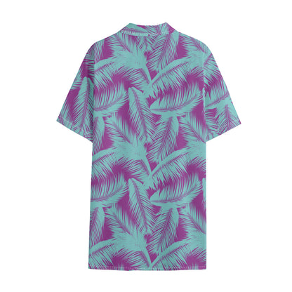 Purple And Teal Tropical Leaf Print Cotton Hawaiian Shirt
