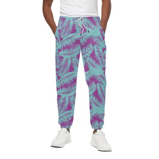 Purple And Teal Tropical Leaf Print Cotton Pants