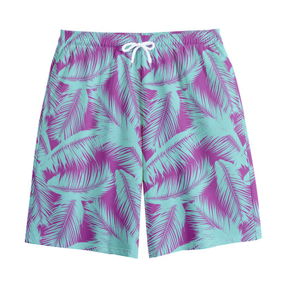 Purple And Teal Tropical Leaf Print Cotton Shorts