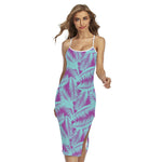 Purple And Teal Tropical Leaf Print Cross Back Cami Dress