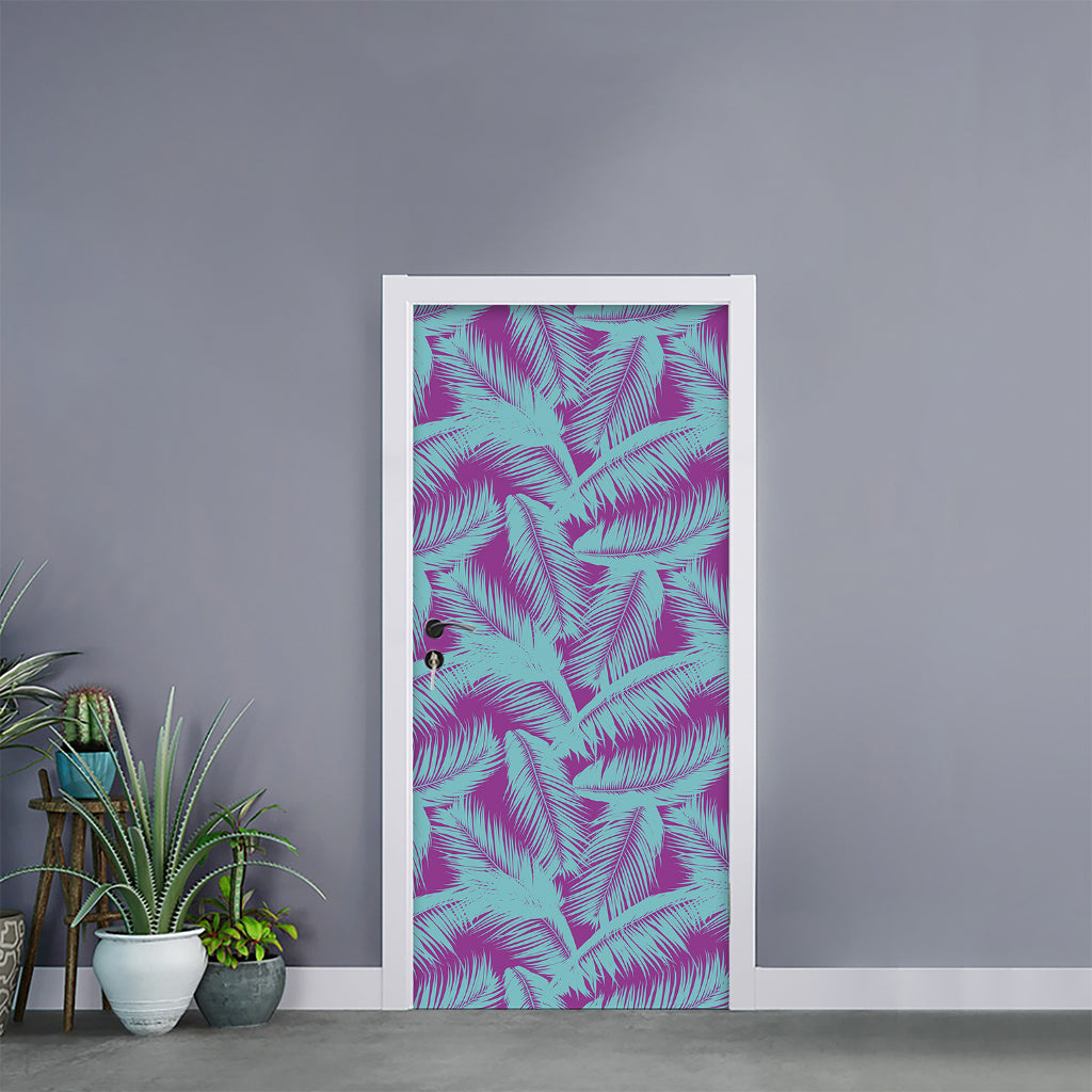 Purple And Teal Tropical Leaf Print Door Sticker
