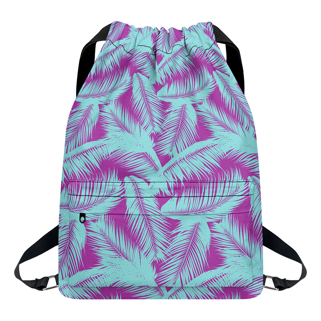 Purple And Teal Tropical Leaf Print Drawstring Backpack