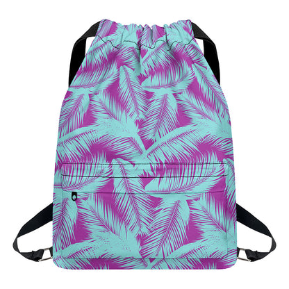 Purple And Teal Tropical Leaf Print Drawstring Backpack