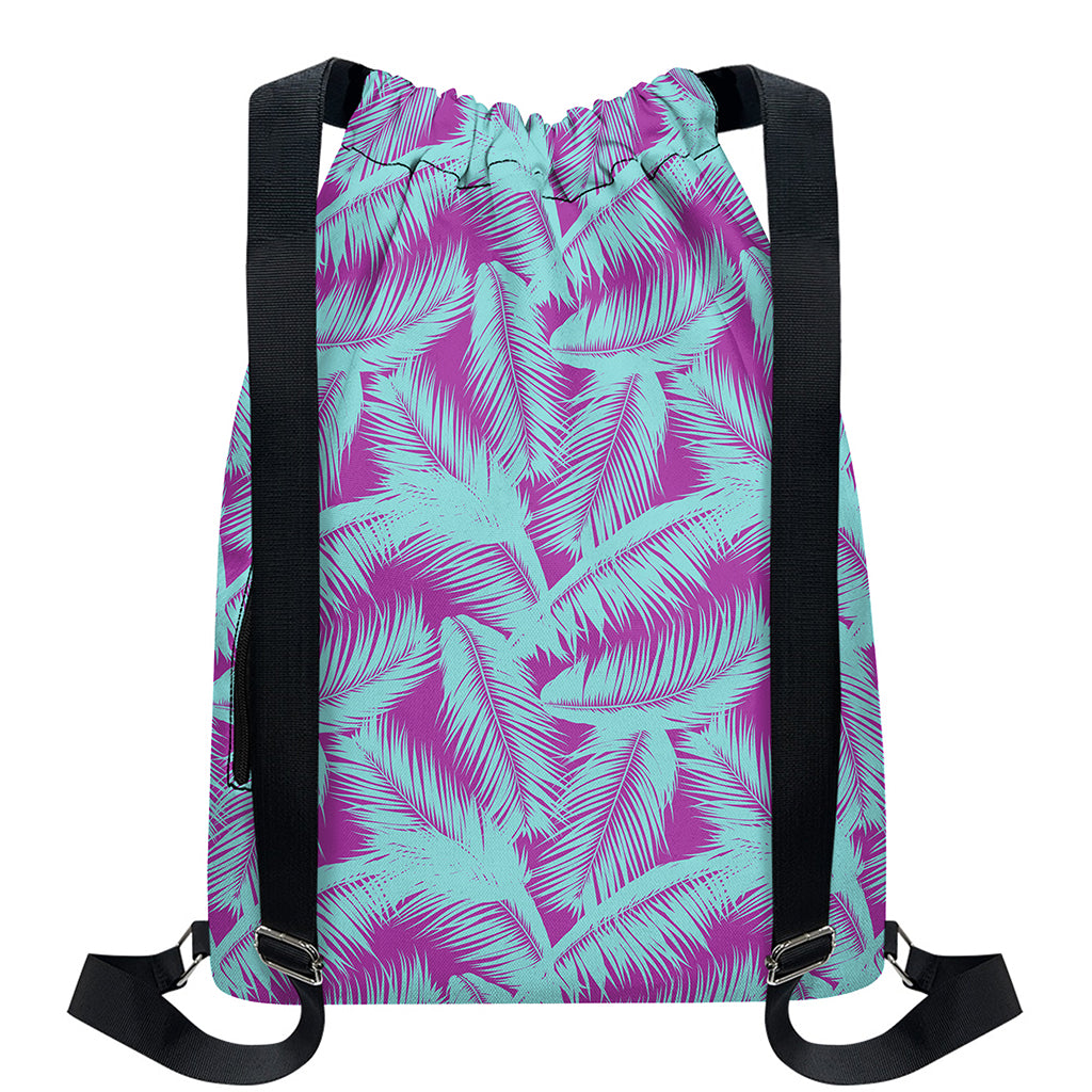 Purple And Teal Tropical Leaf Print Drawstring Backpack