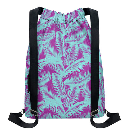 Purple And Teal Tropical Leaf Print Drawstring Backpack