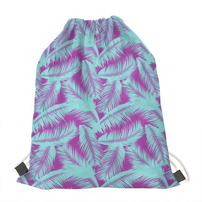 Purple And Teal Tropical Leaf Print Drawstring Bag