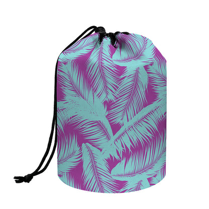 Purple And Teal Tropical Leaf Print Drawstring Makeup Bag