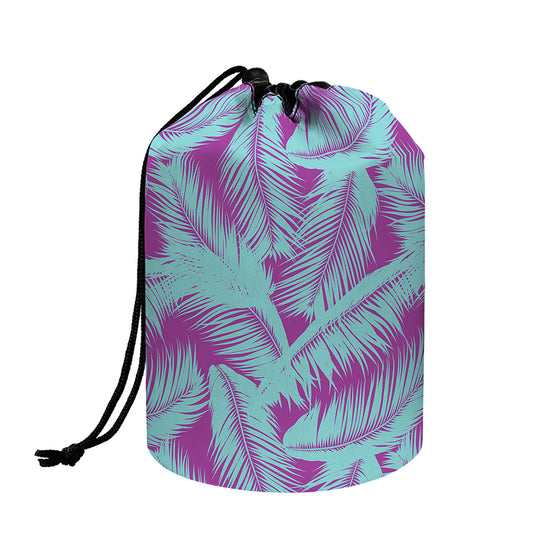 Purple And Teal Tropical Leaf Print Drawstring Makeup Bag