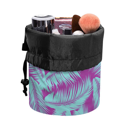 Purple And Teal Tropical Leaf Print Drawstring Makeup Bag