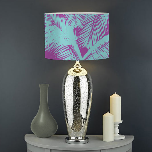 Purple And Teal Tropical Leaf Print Drum Lamp Shade