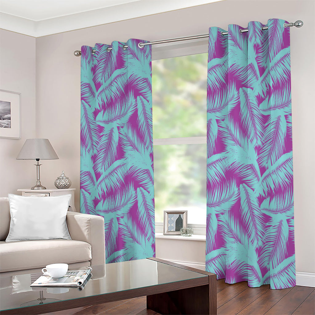 Purple And Teal Tropical Leaf Print Extra Wide Grommet Curtains