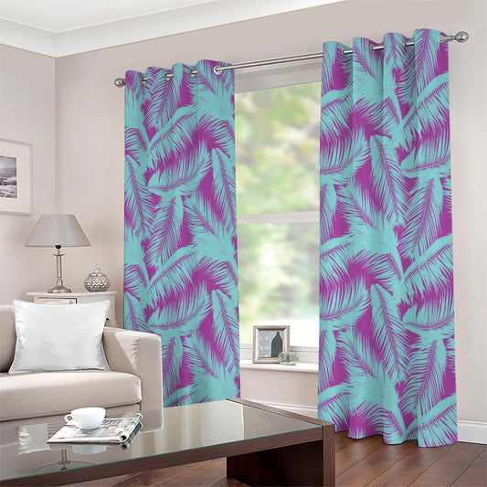 Purple And Teal Tropical Leaf Print Extra Wide Grommet Curtains