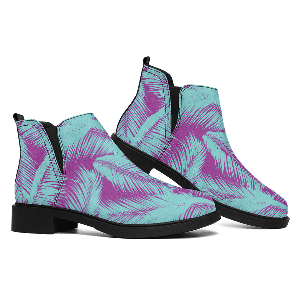 Purple And Teal Tropical Leaf Print Flat Ankle Boots