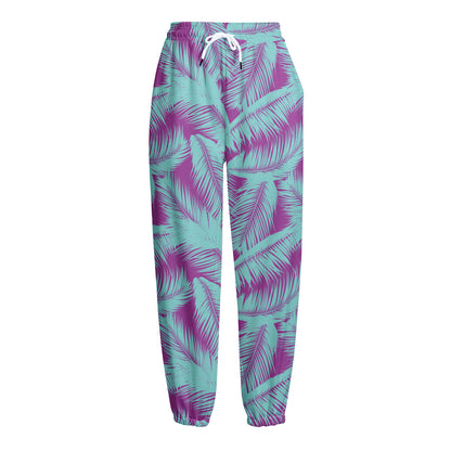 Purple And Teal Tropical Leaf Print Fleece Lined Knit Pants