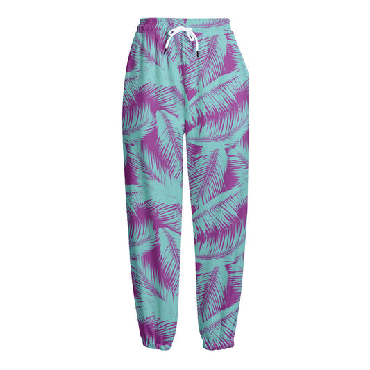 Purple And Teal Tropical Leaf Print Fleece Lined Knit Pants