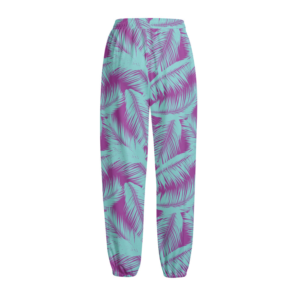 Purple And Teal Tropical Leaf Print Fleece Lined Knit Pants