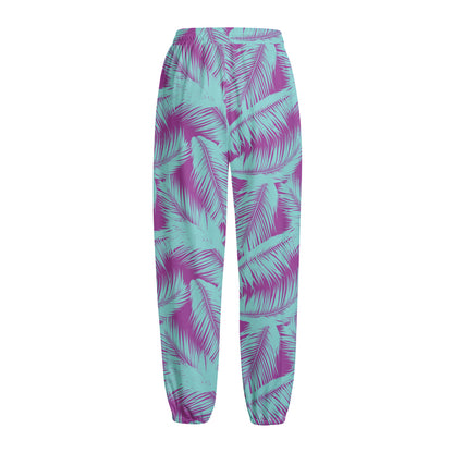 Purple And Teal Tropical Leaf Print Fleece Lined Knit Pants
