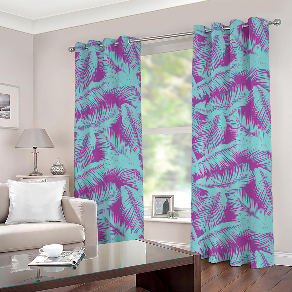 Purple And Teal Tropical Leaf Print Grommet Curtains