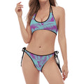 Purple And Teal Tropical Leaf Print Halter Scoop Tie Side Bikini