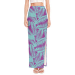 Purple And Teal Tropical Leaf Print High Slit Maxi Skirt