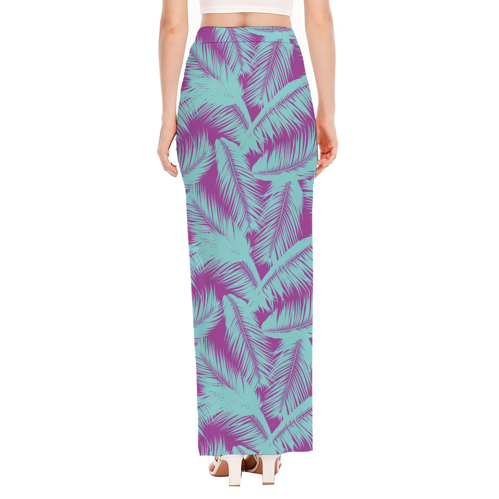 Purple And Teal Tropical Leaf Print High Slit Maxi Skirt