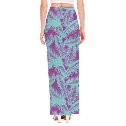Purple And Teal Tropical Leaf Print High Slit Maxi Skirt