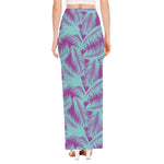 Purple And Teal Tropical Leaf Print High Slit Maxi Skirt