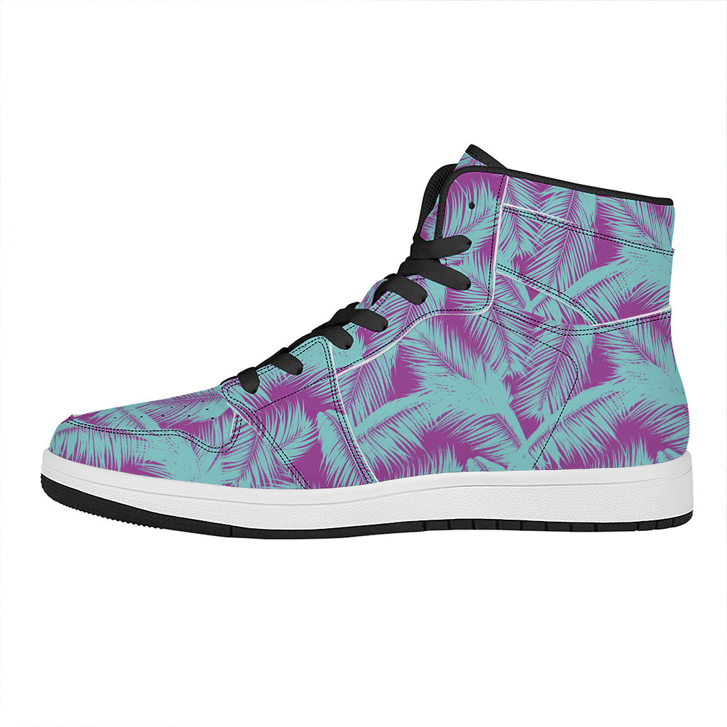 Purple And Teal Tropical Leaf Print High Top Leather Sneakers