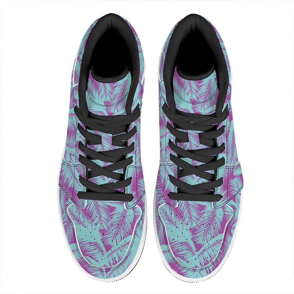 Purple And Teal Tropical Leaf Print High Top Leather Sneakers