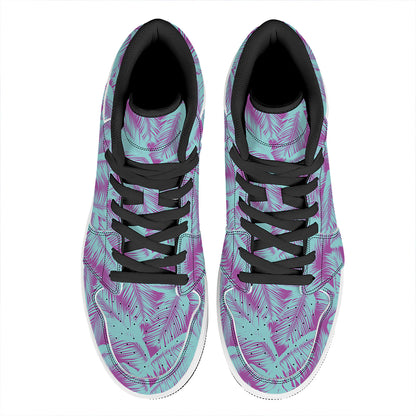 Purple And Teal Tropical Leaf Print High Top Leather Sneakers