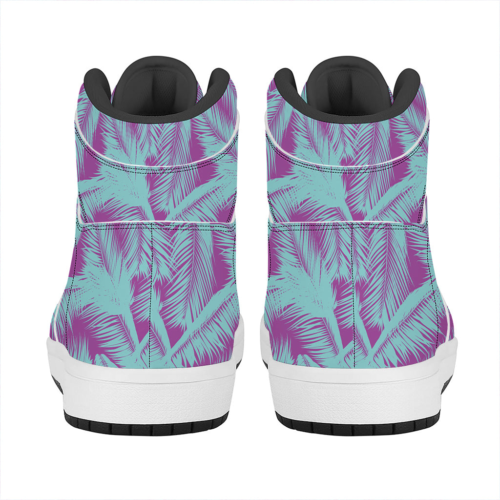 Purple And Teal Tropical Leaf Print High Top Leather Sneakers