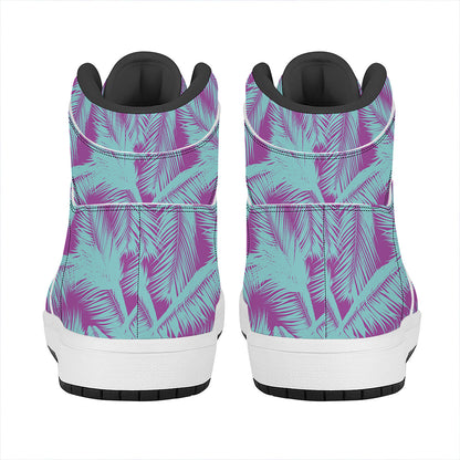 Purple And Teal Tropical Leaf Print High Top Leather Sneakers