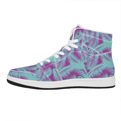 Purple And Teal Tropical Leaf Print High Top Leather Sneakers