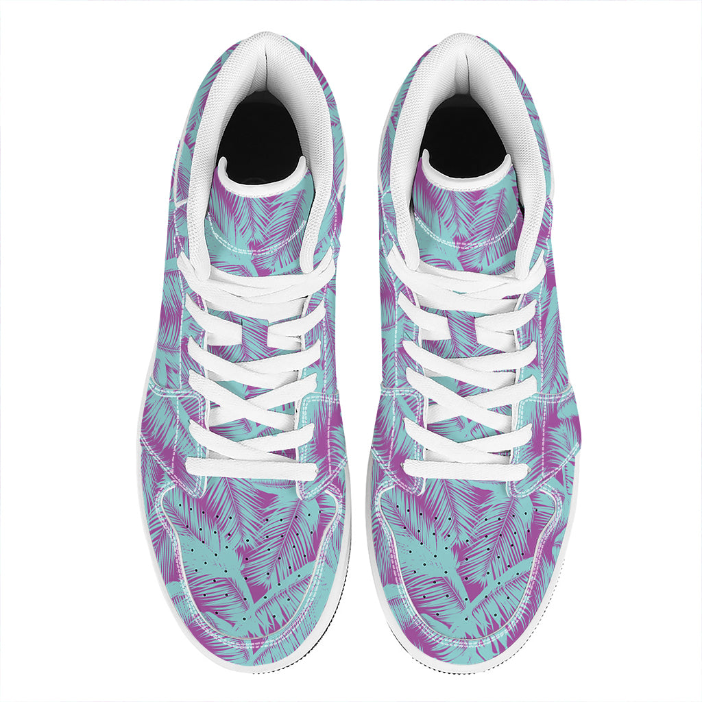 Purple And Teal Tropical Leaf Print High Top Leather Sneakers