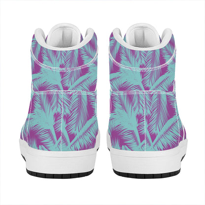 Purple And Teal Tropical Leaf Print High Top Leather Sneakers