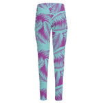 Purple And Teal Tropical Leaf Print High-Waisted Pocket Leggings