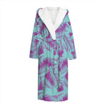 Purple And Teal Tropical Leaf Print Hooded Bathrobe