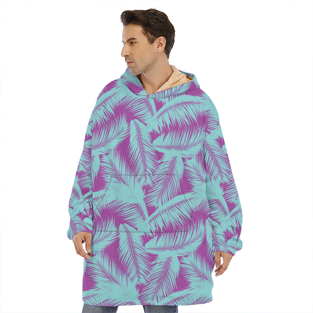 Purple And Teal Tropical Leaf Print Hoodie Blanket
